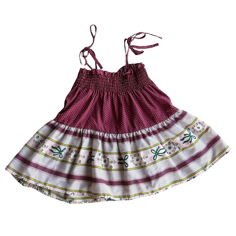 Vintage‎ Burgundy Polka Dot Floral Smocked Tie Strap Tiered Boho Sun Dress Kids